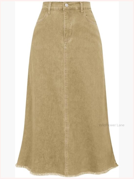 Dresses & Skirts - Elastic High Waist Frayed Raw Hem A-Line Maxi Long Jean Skirt with Pockets